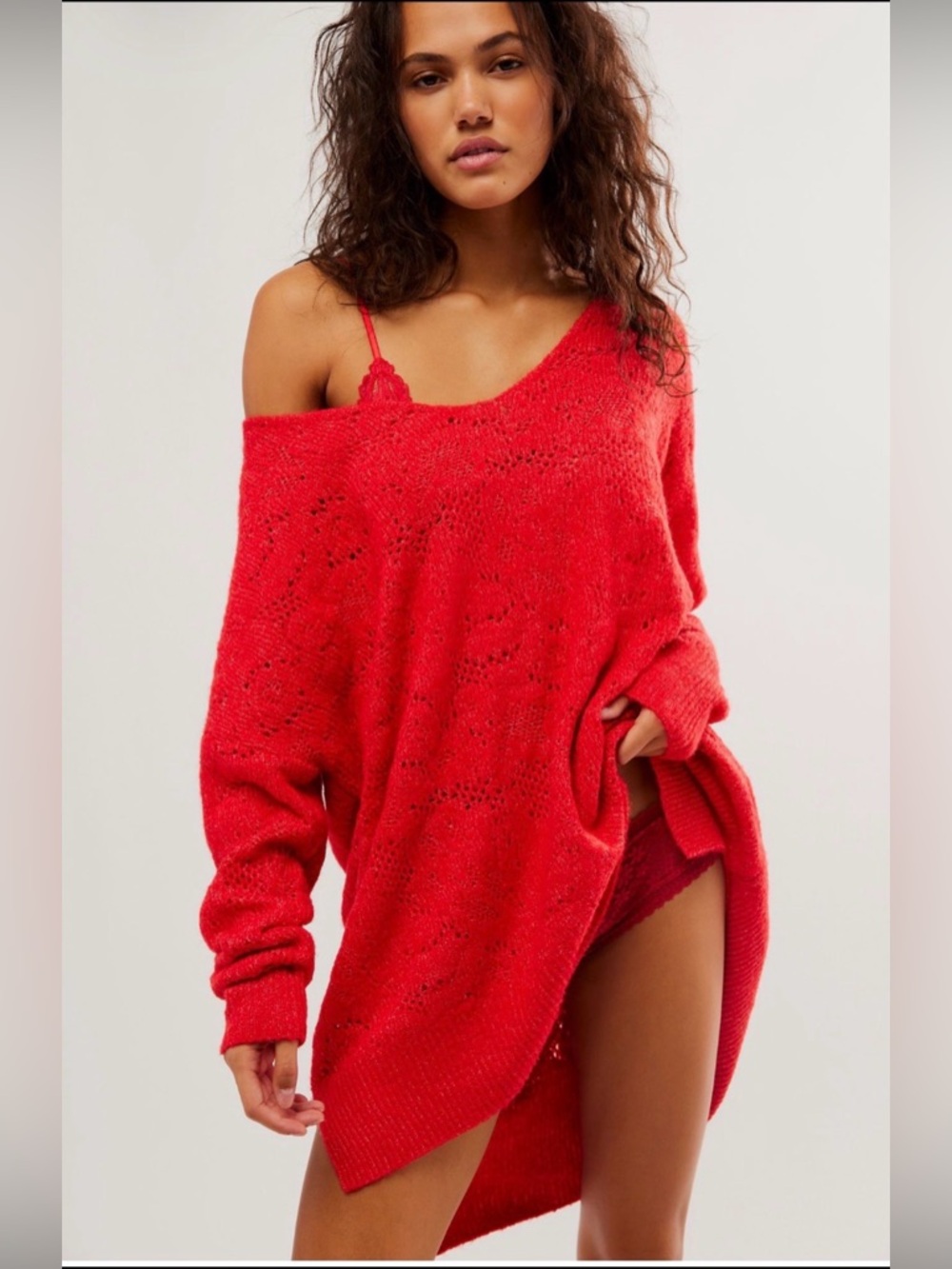 Free People C.O.Z.Y Pointelle Pullover Sweater in Red New with Tags